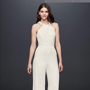 Crepe wide leg jumpsuit with crystal neckline!